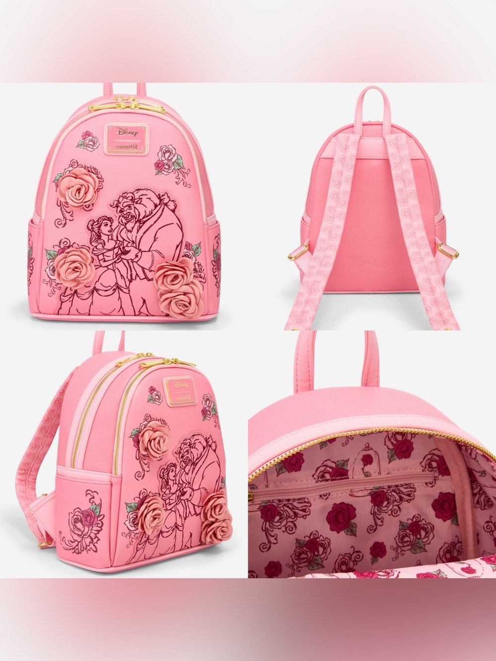 NWOT Loungefly Disney Beauty and the Beast Pink Roses Mini Backpack
